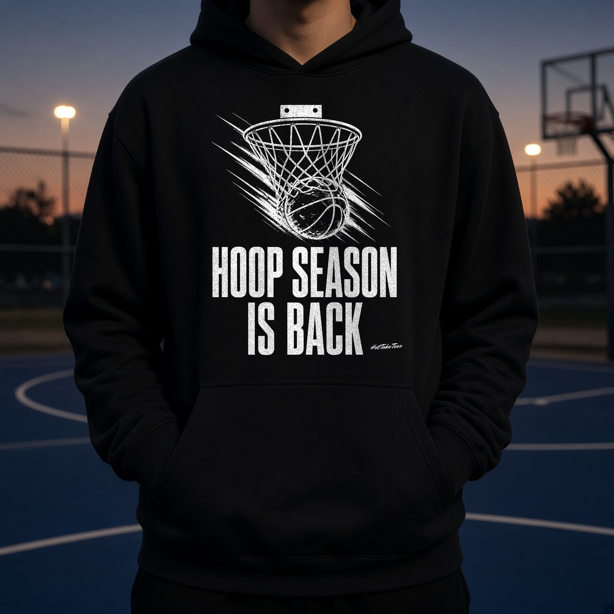 Hoop Season Is Back Graphic Hoodie worn by a model
