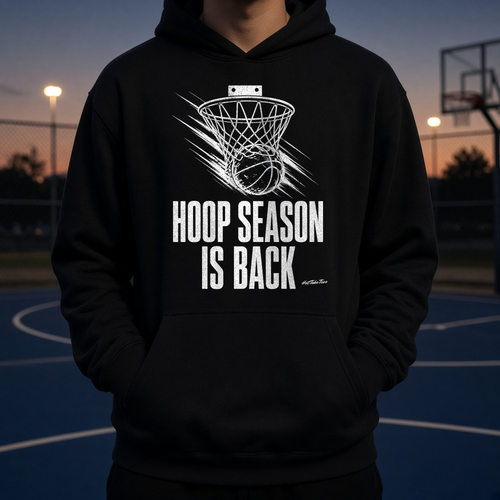 Hoop Season Is Back Graphic Hoodie worn by a model