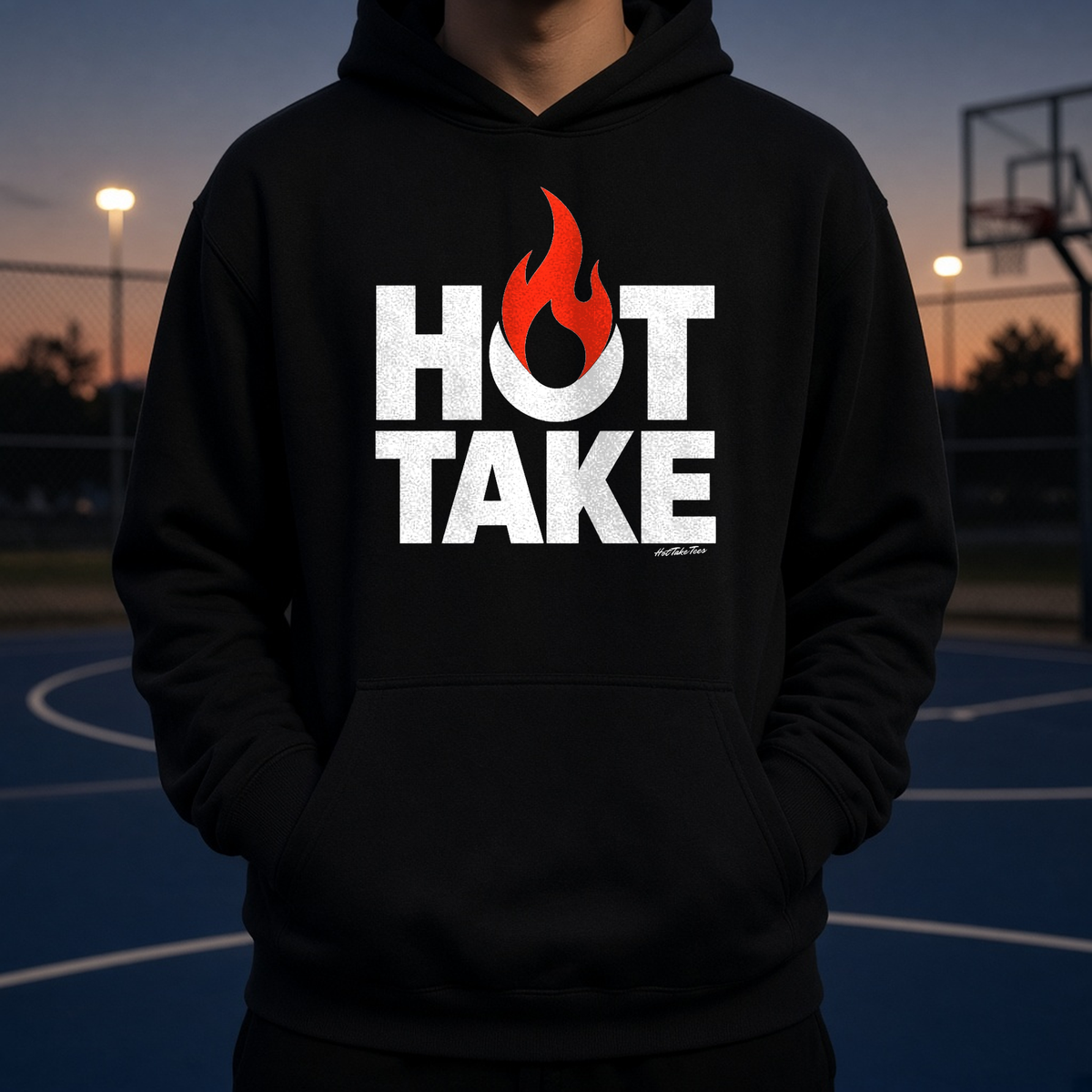 Hot Take Graphic Hoodie worn by a model